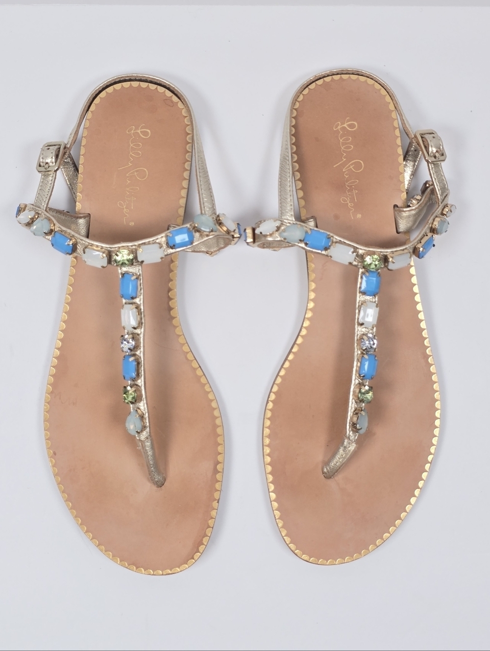 Lilly Pulitzer Raysa Gold Leather Flats T-Strap Embellished Gem Sandals Sz 10